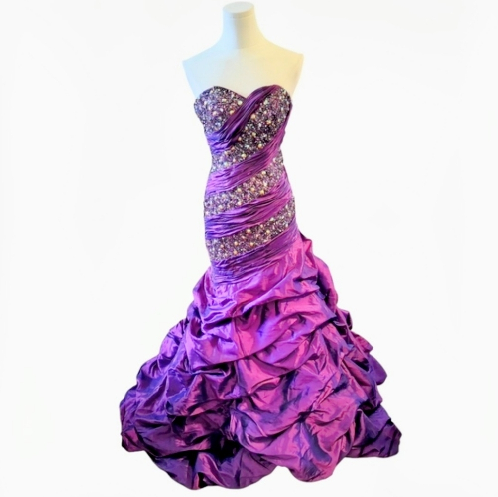 MacDuggal Couture Strapless Purple Tie Back Sequin Gem Beaded Poof Prom Dress 0